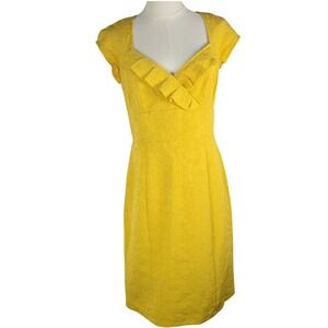 Nanette Lepore Yellow Textured Jacquard Sheath Dress‎ Ruffle Neckline Sz 12